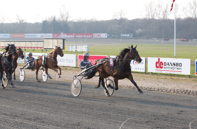 Toto med Christian Lindhardt vinder sikkert i sin sæsondebut i 1.13.1a/1640 m . ny banerekord. Foto KM Foto